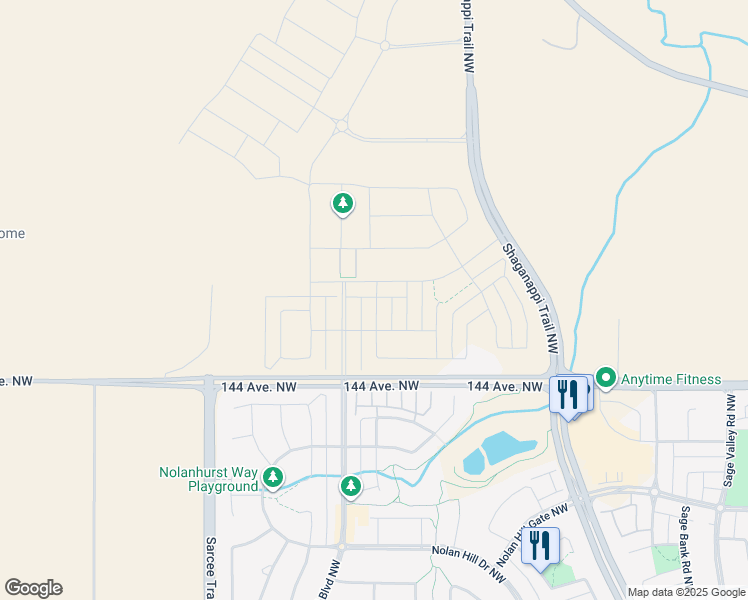 map of restaurants, bars, coffee shops, grocery stores, and more near 5899 144 Avenue Northwest in Calgary