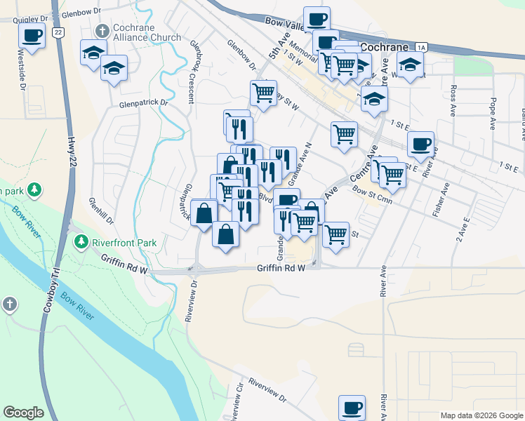 map of restaurants, bars, coffee shops, grocery stores, and more near in Cochrane