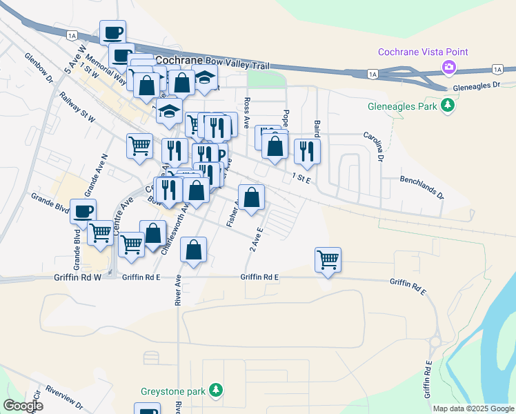 map of restaurants, bars, coffee shops, grocery stores, and more near 221 Railway Street East in Cochrane