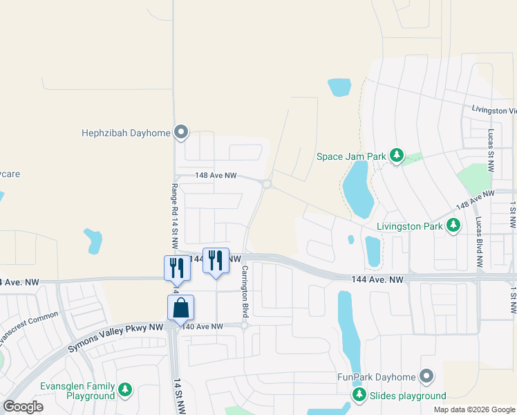 map of restaurants, bars, coffee shops, grocery stores, and more near Carrington Boulevard in Calgary
