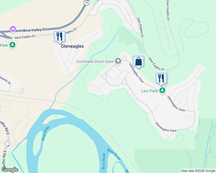 map of restaurants, bars, coffee shops, grocery stores, and more near 100 Gleneagles Landing in Cochrane