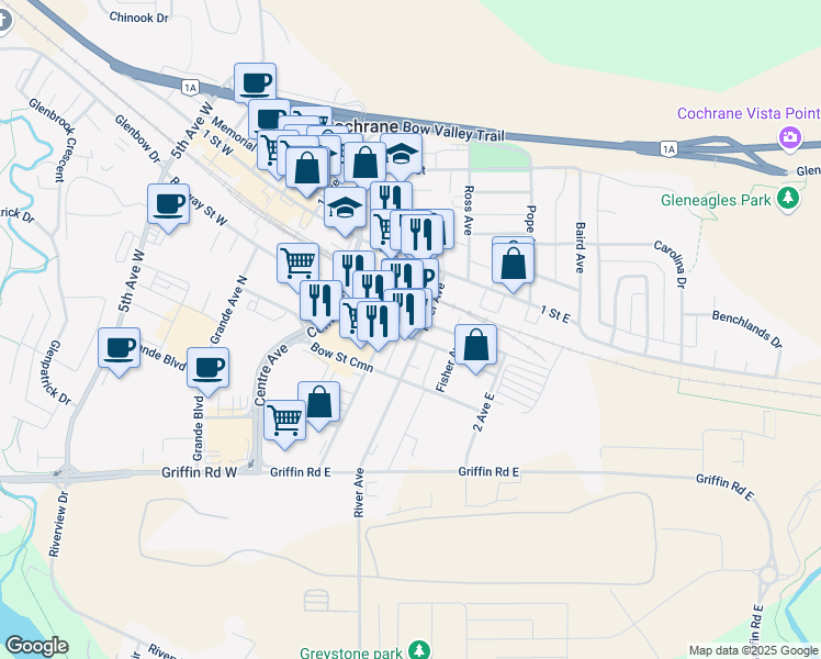 map of restaurants, bars, coffee shops, grocery stores, and more near 70 Railway Street East in Cochrane