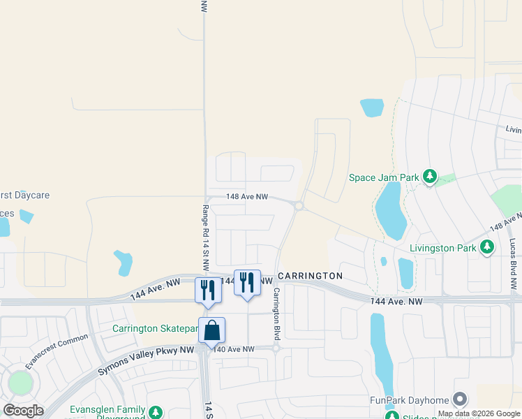 map of restaurants, bars, coffee shops, grocery stores, and more near Range Road 14 in Balzac