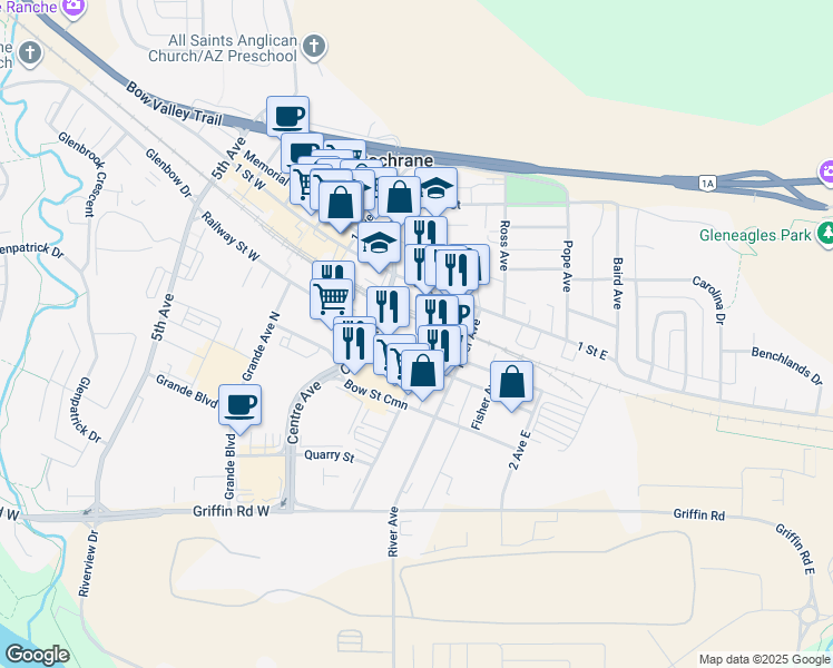 map of restaurants, bars, coffee shops, grocery stores, and more near 40 Railway Street West in Cochrane