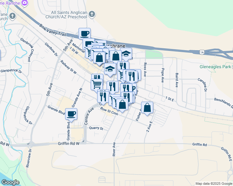 map of restaurants, bars, coffee shops, grocery stores, and more near 40 Railway Street West in Cochrane
