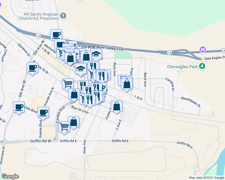 map of restaurants, bars, coffee shops, grocery stores, and more near in Cochrane