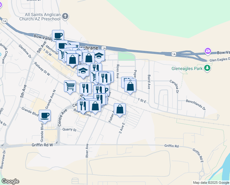 map of restaurants, bars, coffee shops, grocery stores, and more near in Cochrane