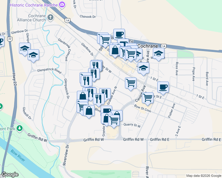 map of restaurants, bars, coffee shops, grocery stores, and more near 50 Grande Avenue North in Cochrane