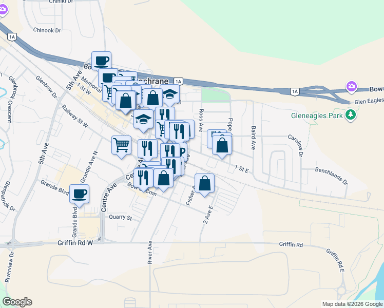 map of restaurants, bars, coffee shops, grocery stores, and more near in Cochrane