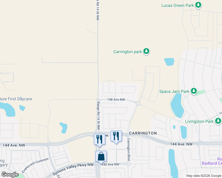 map of restaurants, bars, coffee shops, grocery stores, and more near Range Road 14 in Balzac