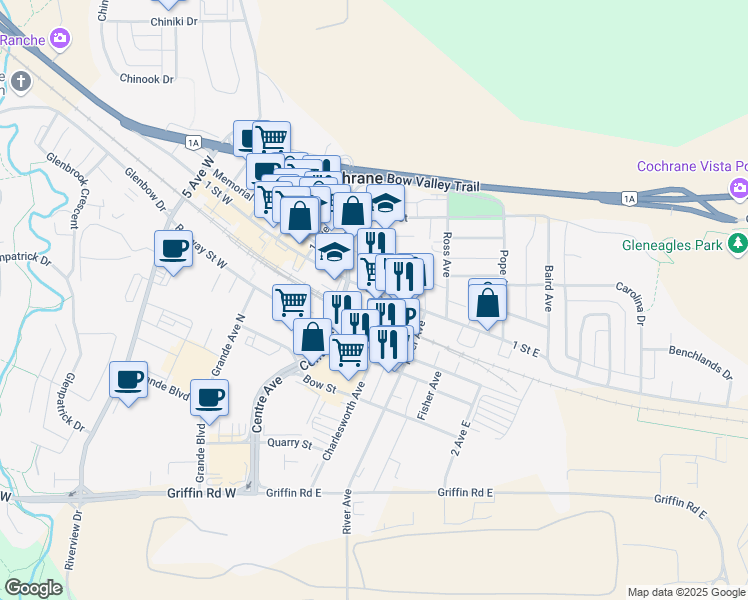map of restaurants, bars, coffee shops, grocery stores, and more near 185 1 Street East in Cochrane