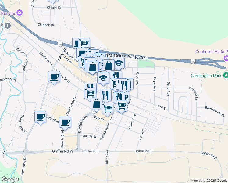 map of restaurants, bars, coffee shops, grocery stores, and more near 185 1 Street East in Cochrane