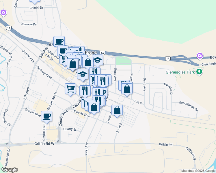 map of restaurants, bars, coffee shops, grocery stores, and more near 216 1 Street East in Cochrane