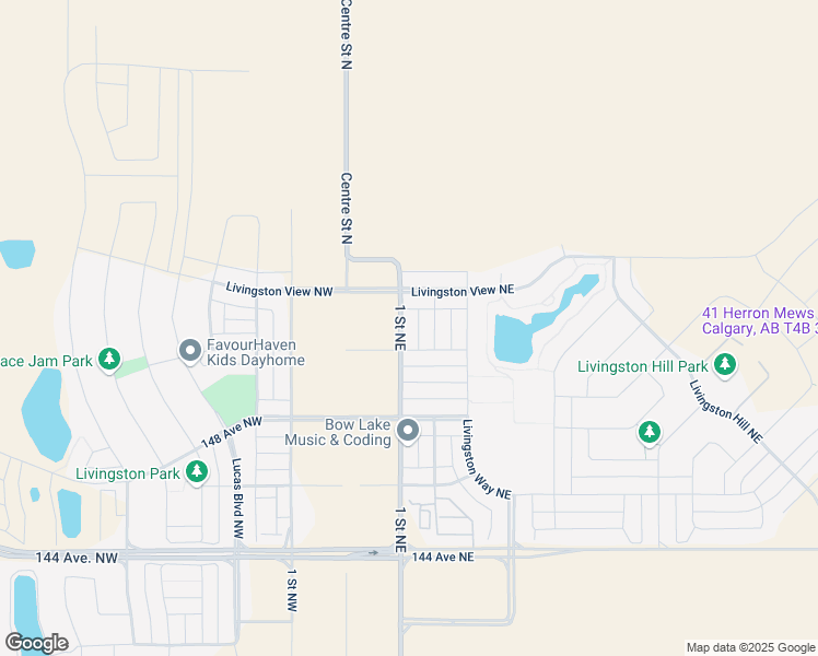 map of restaurants, bars, coffee shops, grocery stores, and more near 14878 1 Street Northeast in Calgary