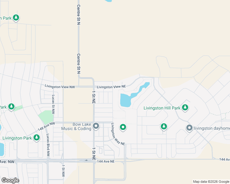 map of restaurants, bars, coffee shops, grocery stores, and more near 1476 Livingston Way Northeast in Calgary