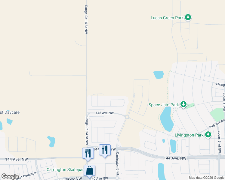 map of restaurants, bars, coffee shops, grocery stores, and more near Range Road 14 in Balzac