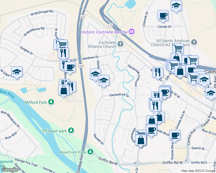 map of restaurants, bars, coffee shops, grocery stores, and more near 54 Glenwood Place in Cochrane
