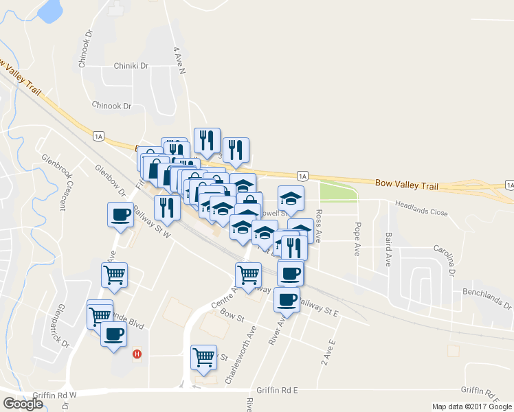 map of restaurants, bars, coffee shops, grocery stores, and more near 208 Centre Avenue in Cochrane
