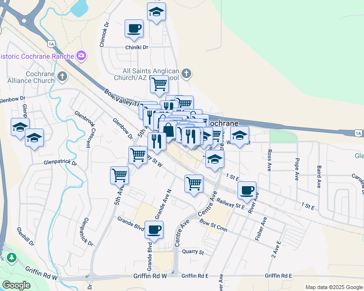map of restaurants, bars, coffee shops, grocery stores, and more near 305 1 Street West in Cochrane