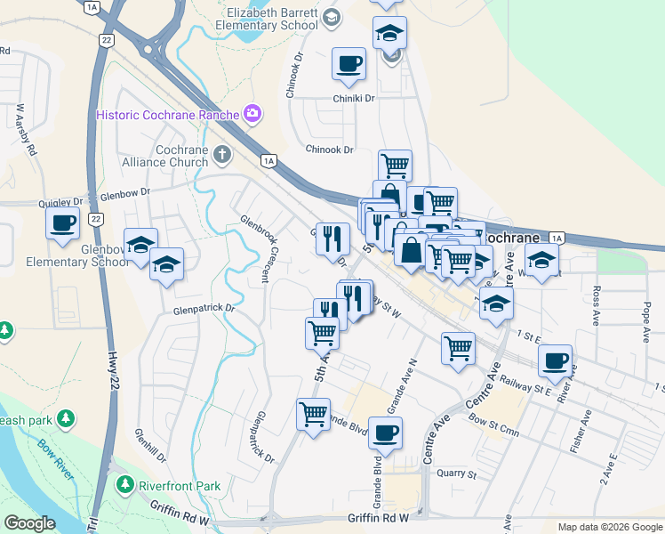 map of restaurants, bars, coffee shops, grocery stores, and more near 107 Fifth Avenue in Cochrane