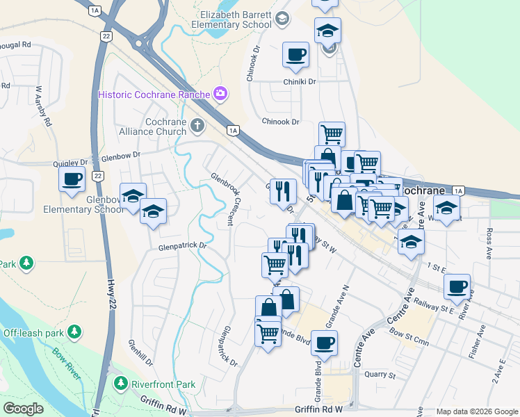map of restaurants, bars, coffee shops, grocery stores, and more near 625 Glenbow Drive in Cochrane