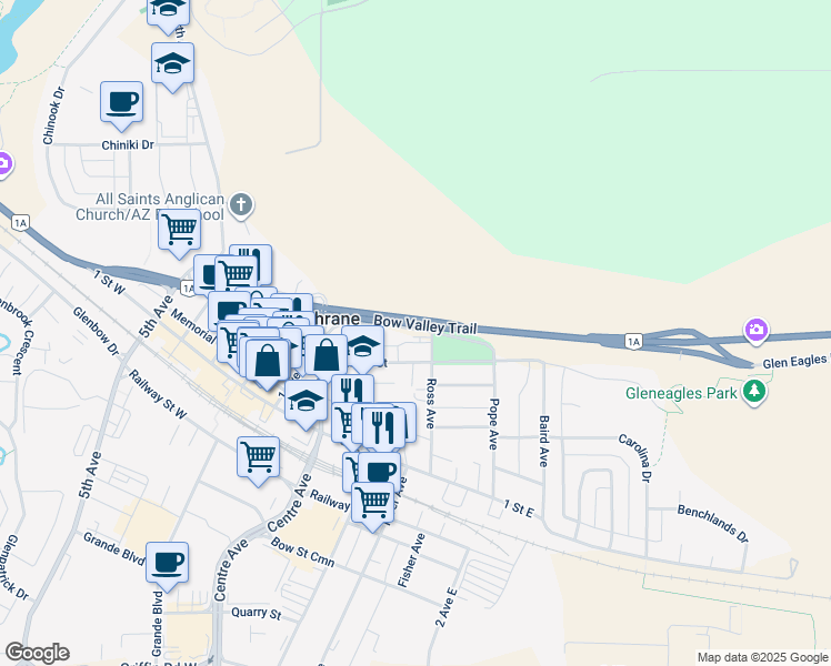 map of restaurants, bars, coffee shops, grocery stores, and more near 219 Mountain Street in Cochrane