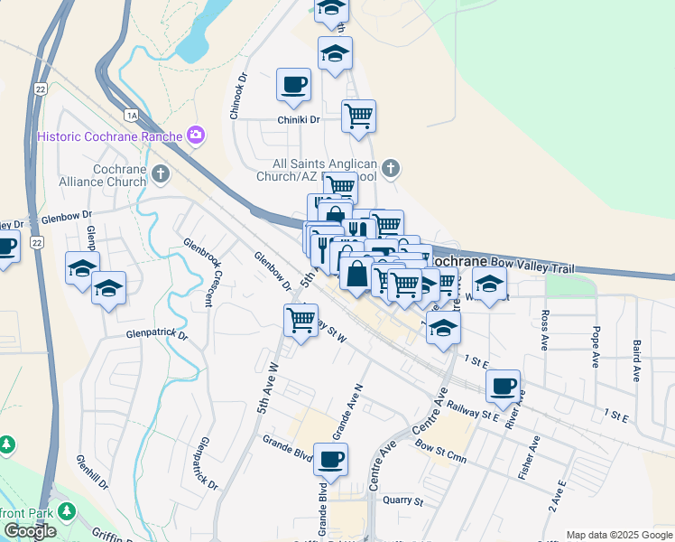 map of restaurants, bars, coffee shops, grocery stores, and more near 114 Fifth Avenue in Cochrane