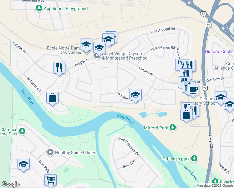 map of restaurants, bars, coffee shops, grocery stores, and more near 71 West Mitford Crescent in Cochrane