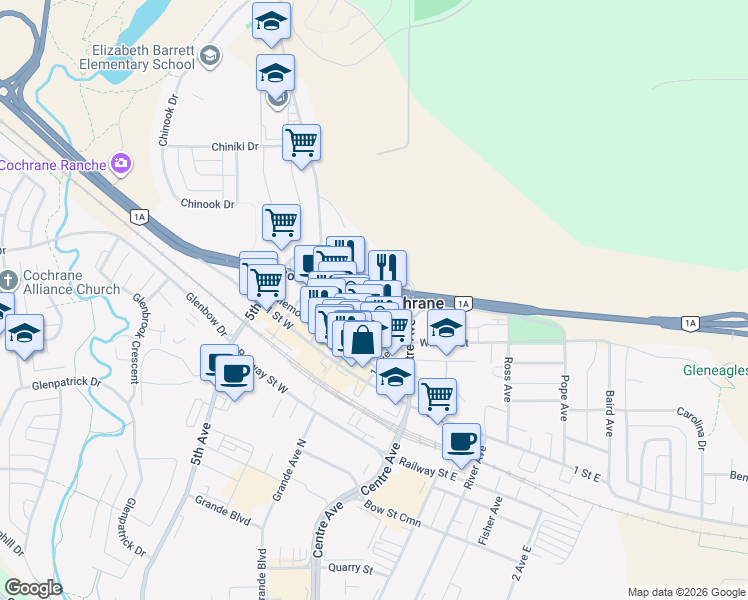 map of restaurants, bars, coffee shops, grocery stores, and more near 221 2 Avenue West in Cochrane