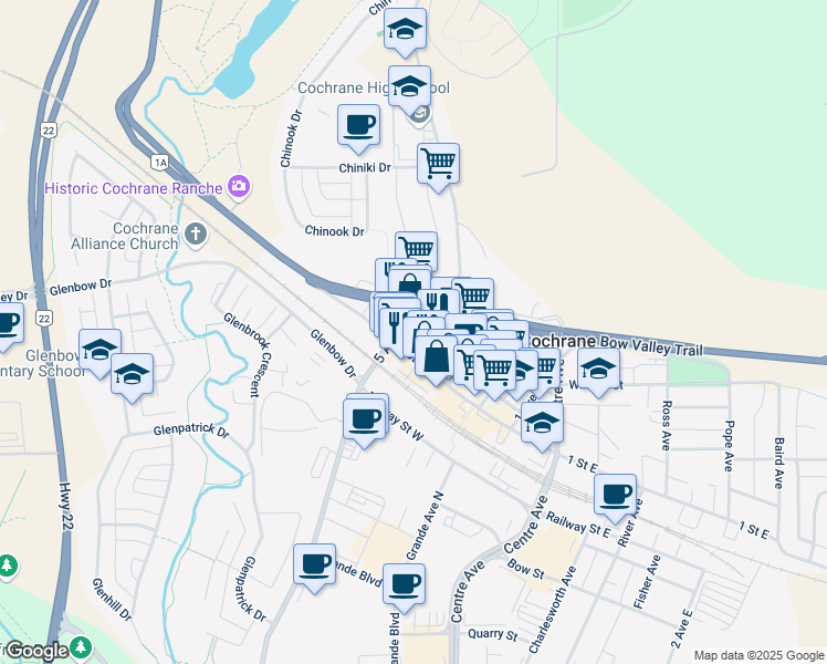 map of restaurants, bars, coffee shops, grocery stores, and more near 114 Fifth Avenue in Cochrane