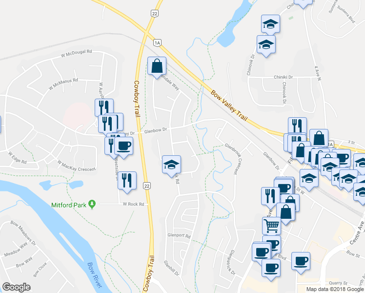 map of restaurants, bars, coffee shops, grocery stores, and more near 1 Glenwood Crescent in Cochrane