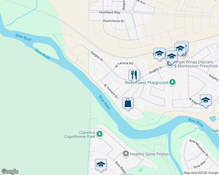 map of restaurants, bars, coffee shops, grocery stores, and more near 210 200 West Terrace Place in Cochrane