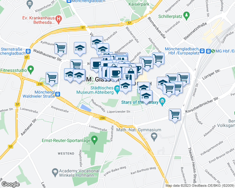map of restaurants, bars, coffee shops, grocery stores, and more near 27 Abteistraße in Mönchengladbach