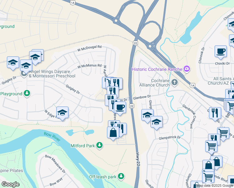 map of restaurants, bars, coffee shops, grocery stores, and more near 58 West Aarsby Road in Cochrane