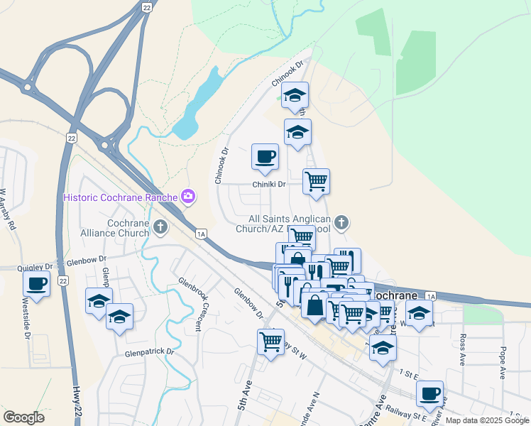 map of restaurants, bars, coffee shops, grocery stores, and more near 25 Chinook Drive in Cochrane