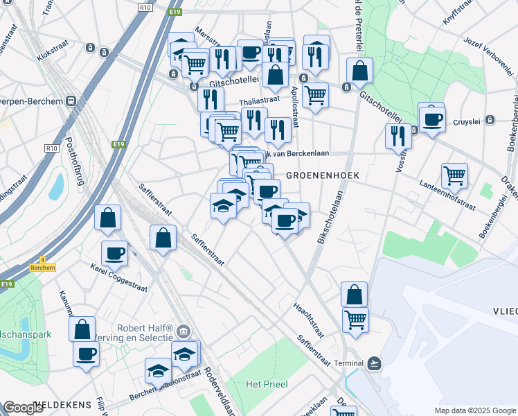 map of restaurants, bars, coffee shops, grocery stores, and more near 207 Diksmuidelaan in Antwerpen