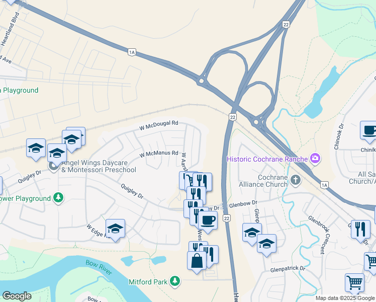 map of restaurants, bars, coffee shops, grocery stores, and more near 32 West Aarsby Road in Cochrane