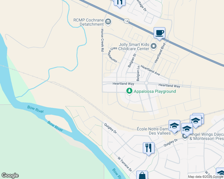 map of restaurants, bars, coffee shops, grocery stores, and more near 128 Paint Horse Drive in Cochrane