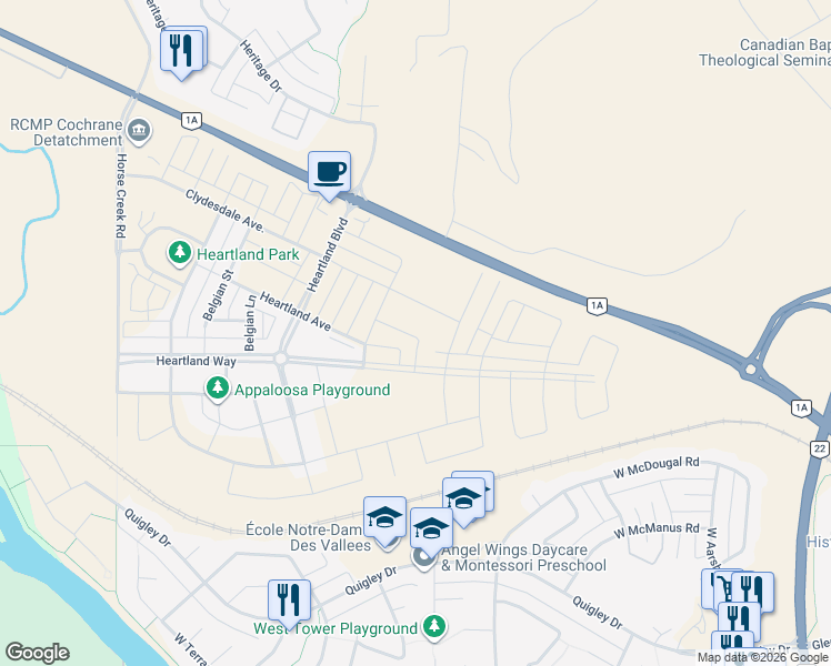map of restaurants, bars, coffee shops, grocery stores, and more near 203 Heartland Avenue in Cochrane