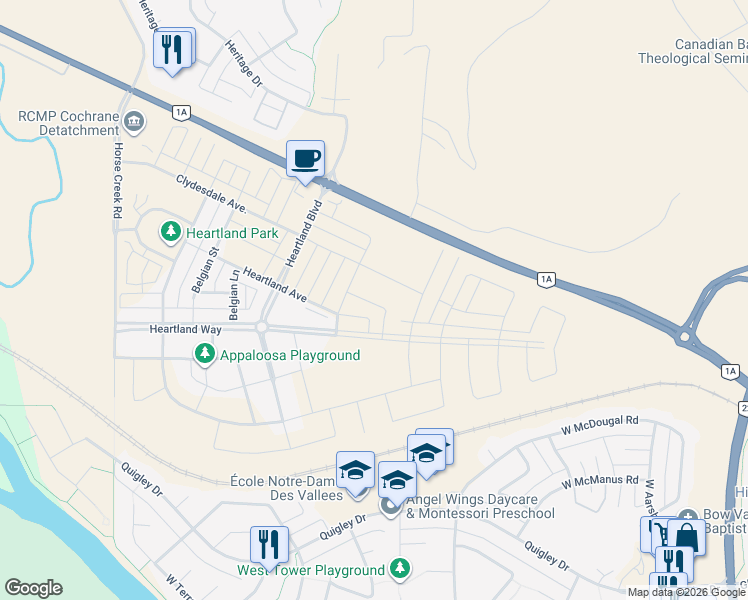 map of restaurants, bars, coffee shops, grocery stores, and more near 203 Heartland Avenue in Cochrane
