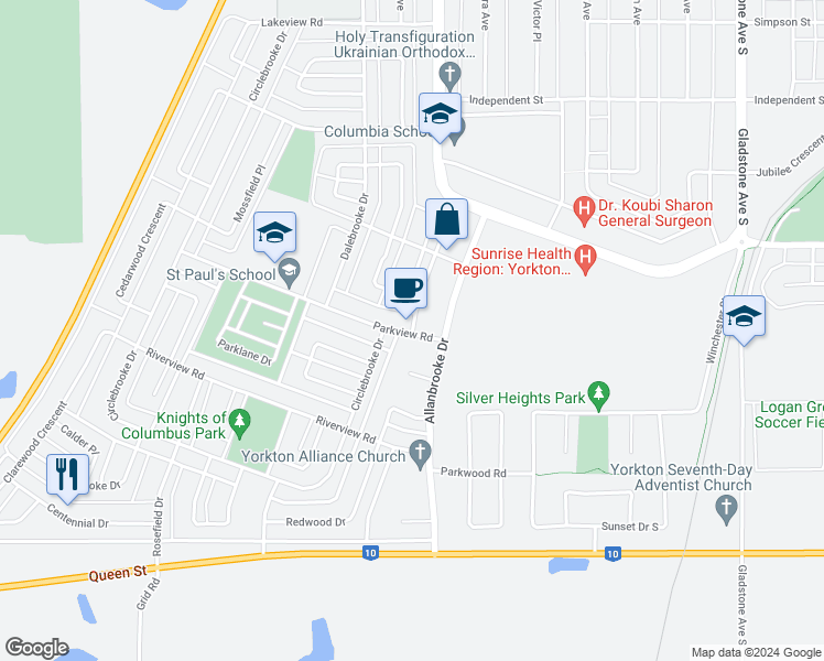 map of restaurants, bars, coffee shops, grocery stores, and more near 399 Parkview Road in Yorkton