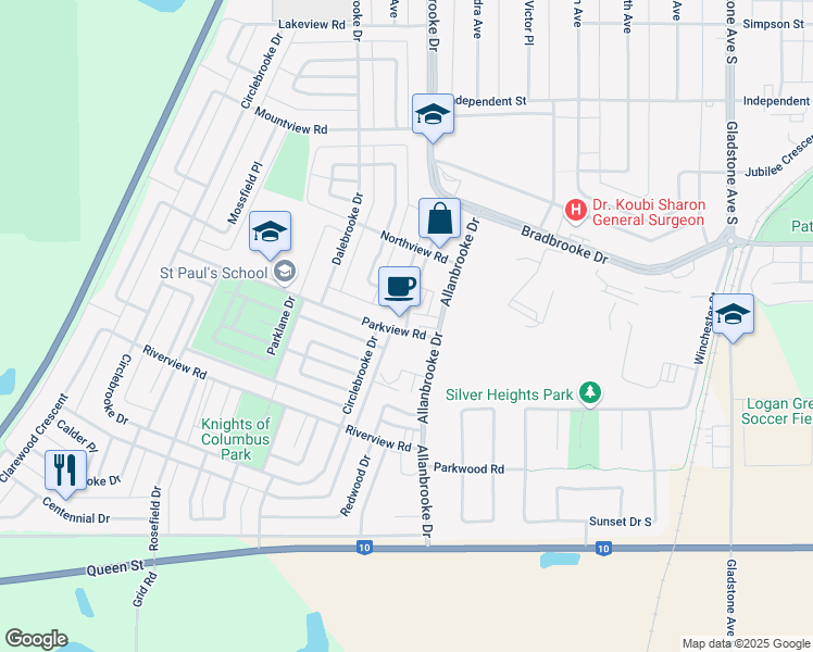 map of restaurants, bars, coffee shops, grocery stores, and more near 399 Parkview Road in Yorkton