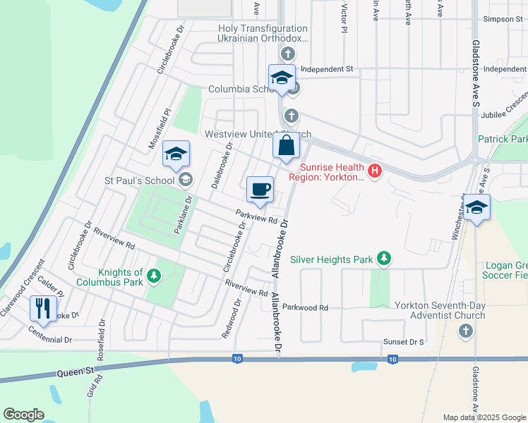 map of restaurants, bars, coffee shops, grocery stores, and more near 399 Parkview Road in Yorkton