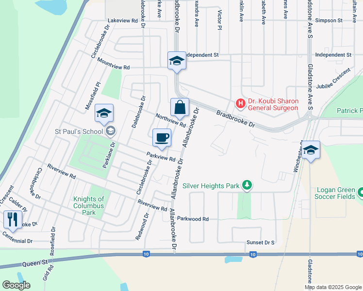 map of restaurants, bars, coffee shops, grocery stores, and more near 383 Parkview Road in Yorkton