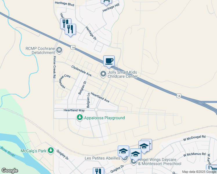 map of restaurants, bars, coffee shops, grocery stores, and more near in Cochrane