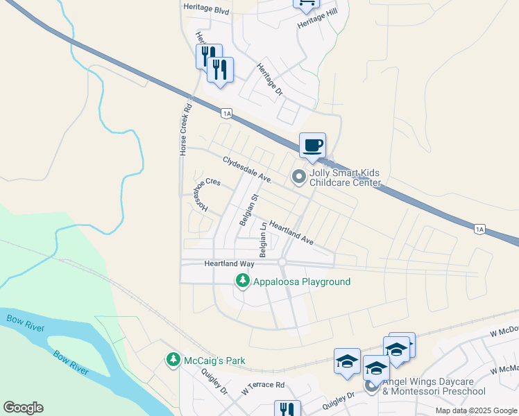 map of restaurants, bars, coffee shops, grocery stores, and more near 21 Belgian Street in Cochrane
