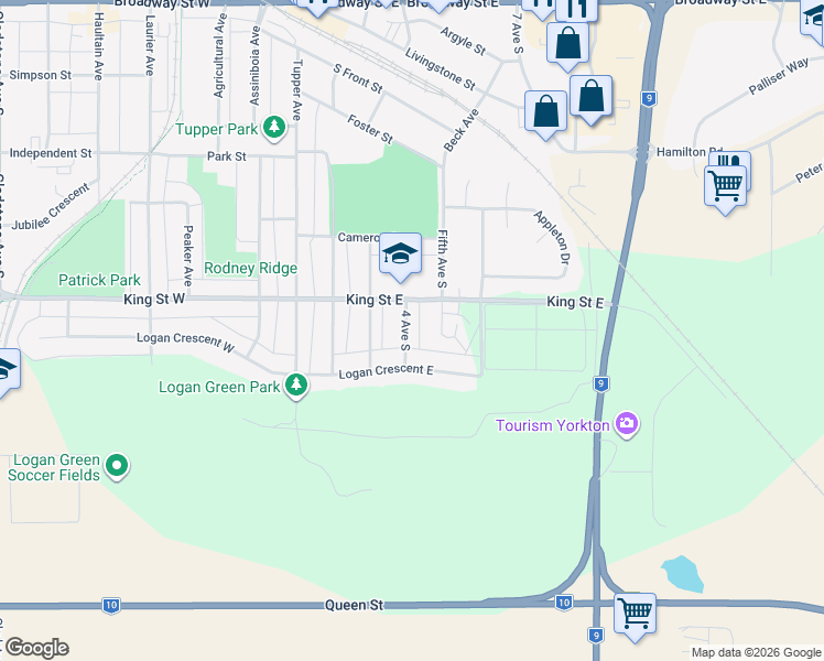map of restaurants, bars, coffee shops, grocery stores, and more near 215 4 Avenue South in Yorkton
