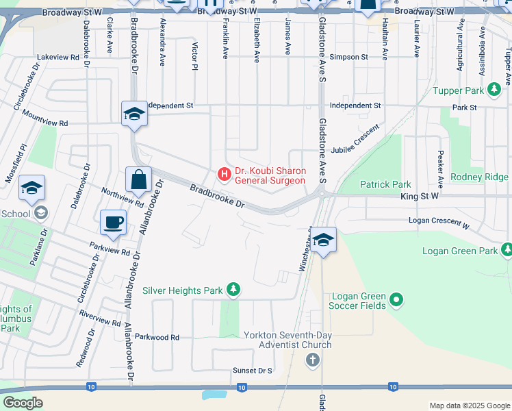map of restaurants, bars, coffee shops, grocery stores, and more near 243 Bradbrooke Drive in Yorkton