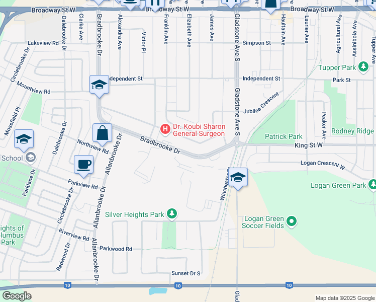 map of restaurants, bars, coffee shops, grocery stores, and more near 243 Bradbrooke Drive in Yorkton