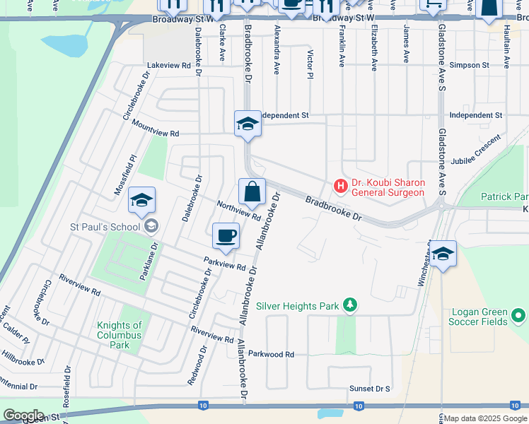 map of restaurants, bars, coffee shops, grocery stores, and more near 355 Northview Road in Yorkton